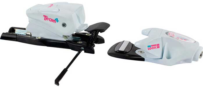 Look Juniors' Team 4 Ski Binding 2015-2016 - White ski binding with black hardware and blue logo on top plate.