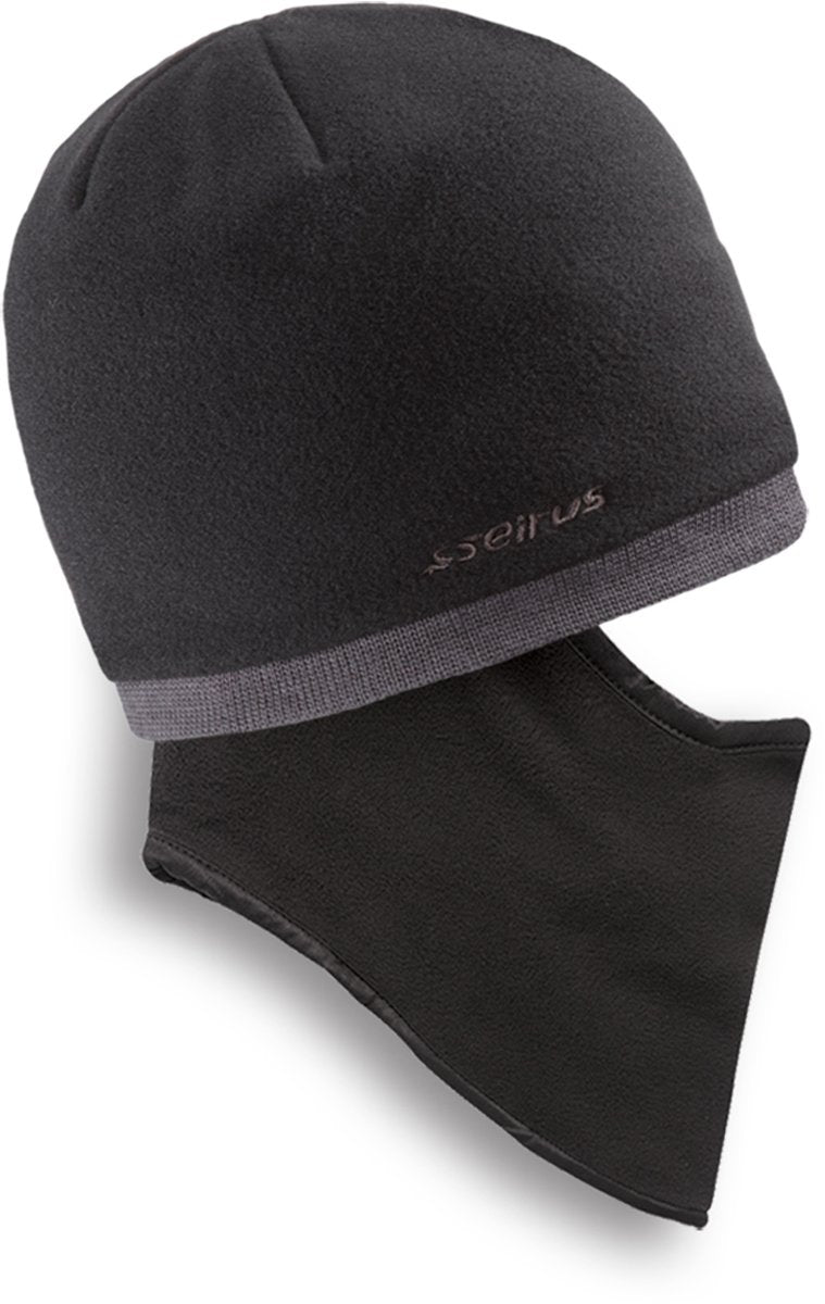 Seirus Fleece Knit Quick Clava - A dark gray fleece balaclava with a light gray trim around the edge of the face opening.