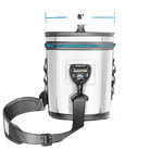 Yeti Hopper Flip 8 Personal Cooler - A white cooler with a black handle and zipper, featuring a blue stripe on its top edge.