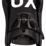 Flux DS Step On® Snowboard Bindings 2024 - A black snowboard binding with a white logo on top and silver screws.