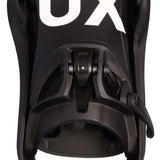 Flux DS Step On® Snowboard Bindings 2024 - A black snowboard binding with a white logo on top and silver screws.