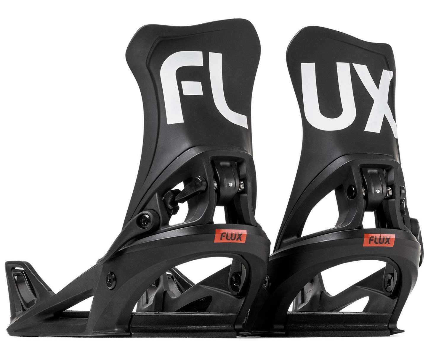 Flux DS Step On® Snowboard Bindings 2024 - Black bindings with white lettering on top strap and logo on bottom strap.