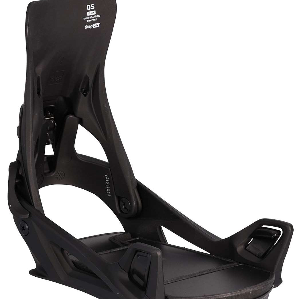 Flux DS Step On® Snowboard Bindings 2024 - Black bindings with white lettering on top plate and straps.