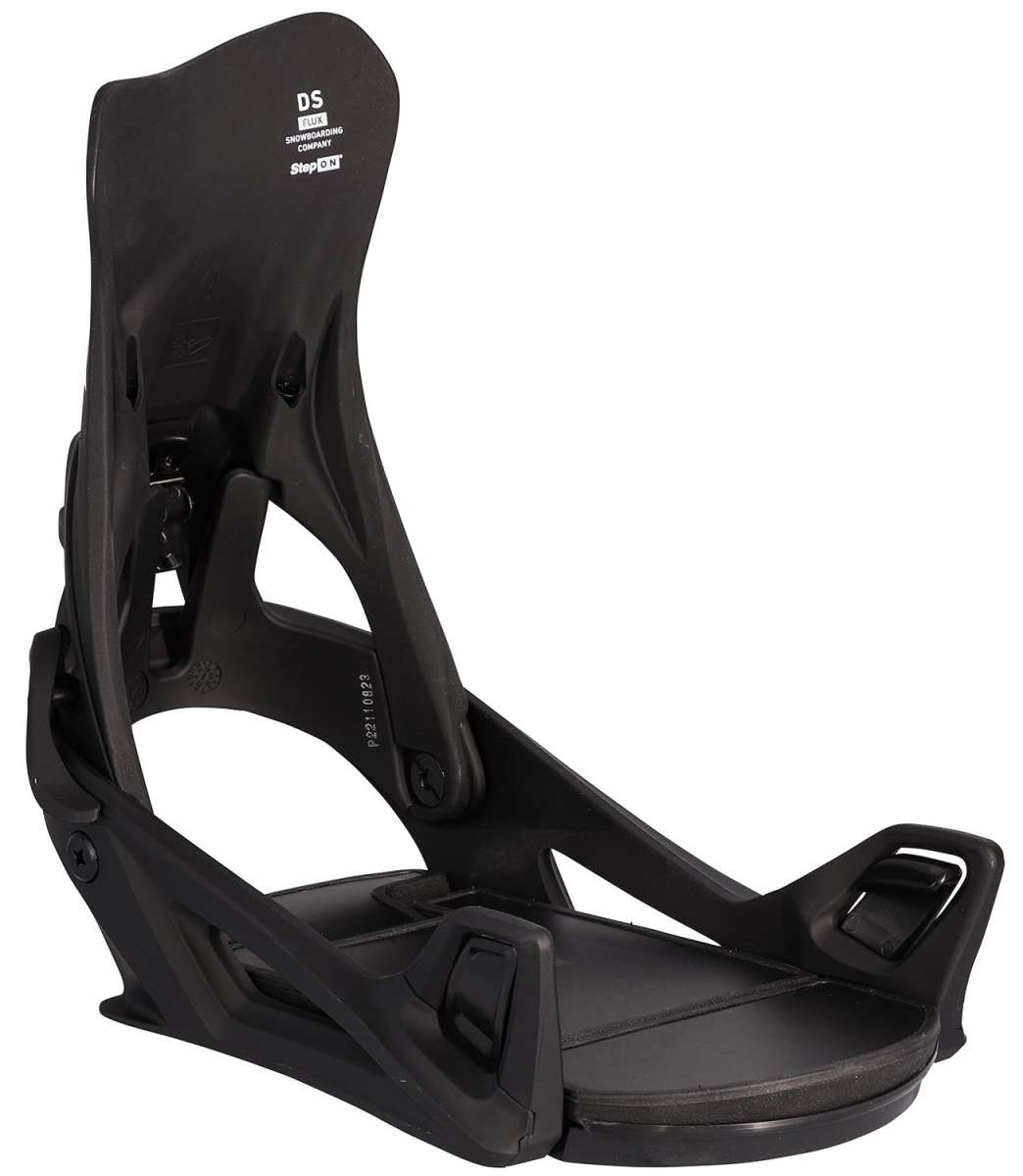 Flux DS Step On® Snowboard Bindings 2024 - Black bindings with white lettering on top plate and straps.