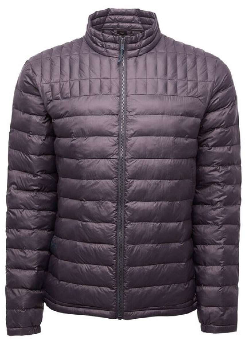 Flylow Foster Insulated Jacket - A dark brown quilted down insulated jacket with a high collar and zip closure.