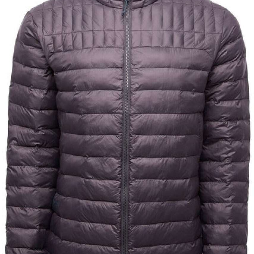Flylow Foster Insulated Jacket - A dark brown quilted down insulated jacket with a high collar and zip closure.