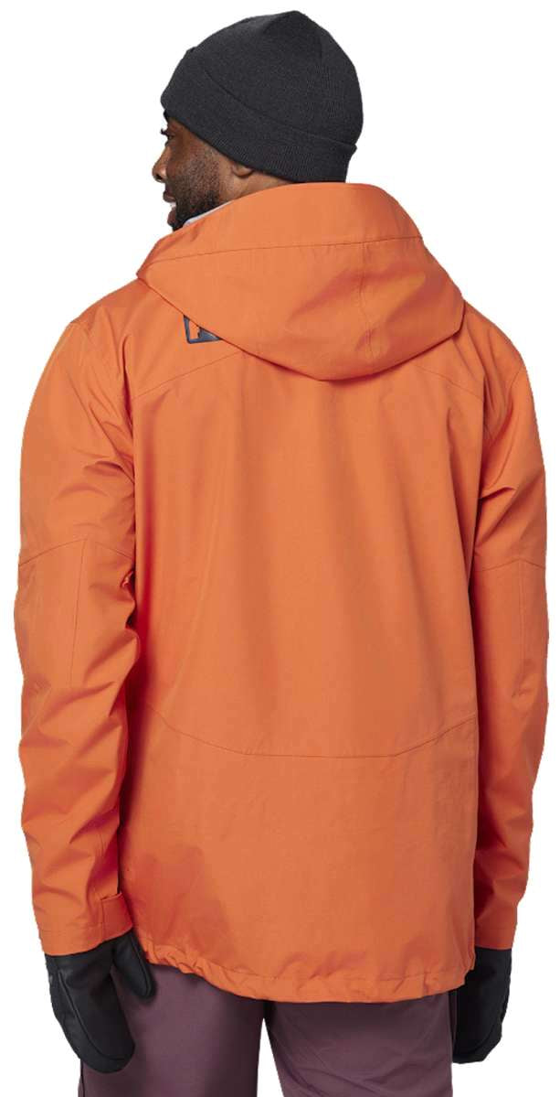 Flylow Knight Shell Jacket - A burnt orange jacket with a black zipper and black trim around the hood.