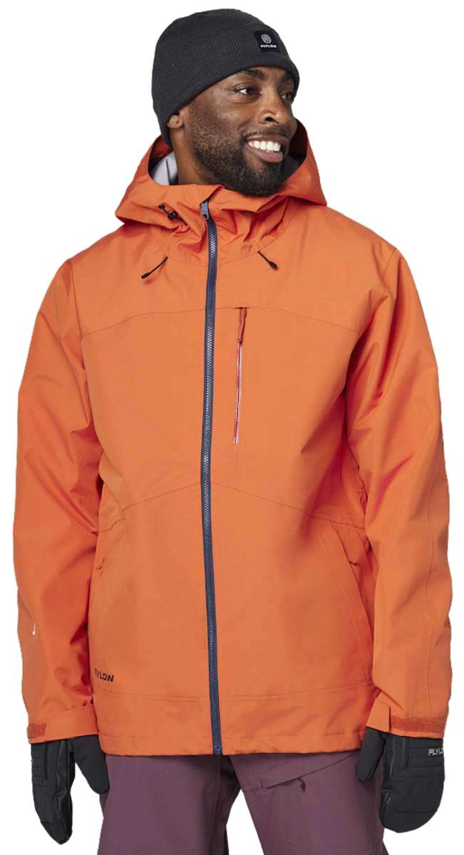 Flylow Knight Shell Jacket 2024 - A burnt orange jacket with a black zipper and black drawstrings on the hood.