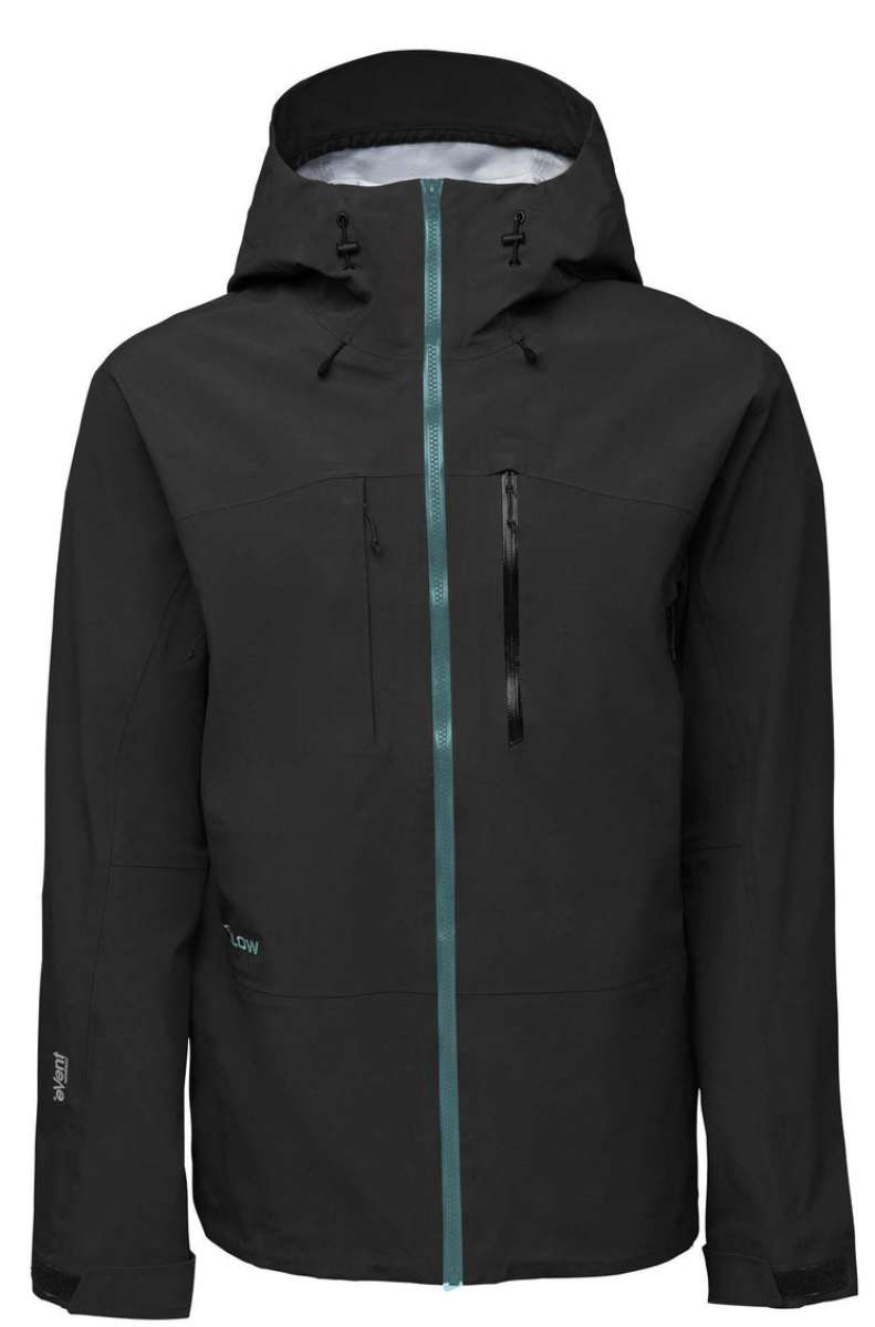 Flylow Lab Coat Shell Jacket 2022 - A black jacket with a white zipper and two zippered chest pockets.