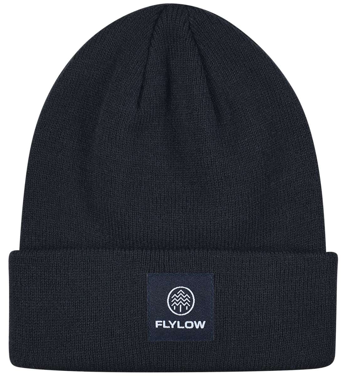 Flylow Longshoreman Beanie 2024 - A black beanie with a white logo featuring a mountain and trees in a circle, on the front.