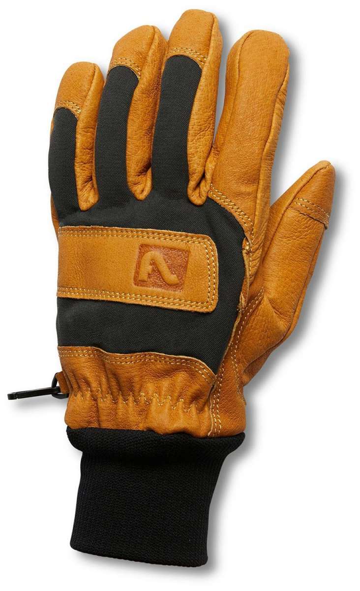 Flylow Magarac Glove 2024 - A tan glove with a black strap and logo on the wrist, featuring a brown leather patch over the thumb.