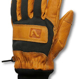 Flylow Magarac Glove 2024 - A tan glove with a black strap and logo on the wrist, featuring a brown leather patch over the thumb.