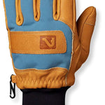 Flylow Magarac Glove - A tan glove with a brown leather palm and wrist strap, featuring a blue accent stripe on the back of the hand.