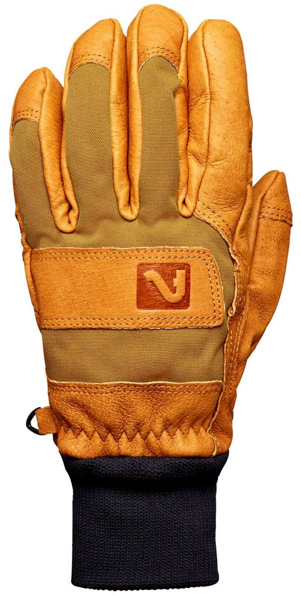 Flylow Magarac Glove 2024 - A tan glove with a brown leather palm and thumb, featuring a distinctive logo on the wrist strap.
