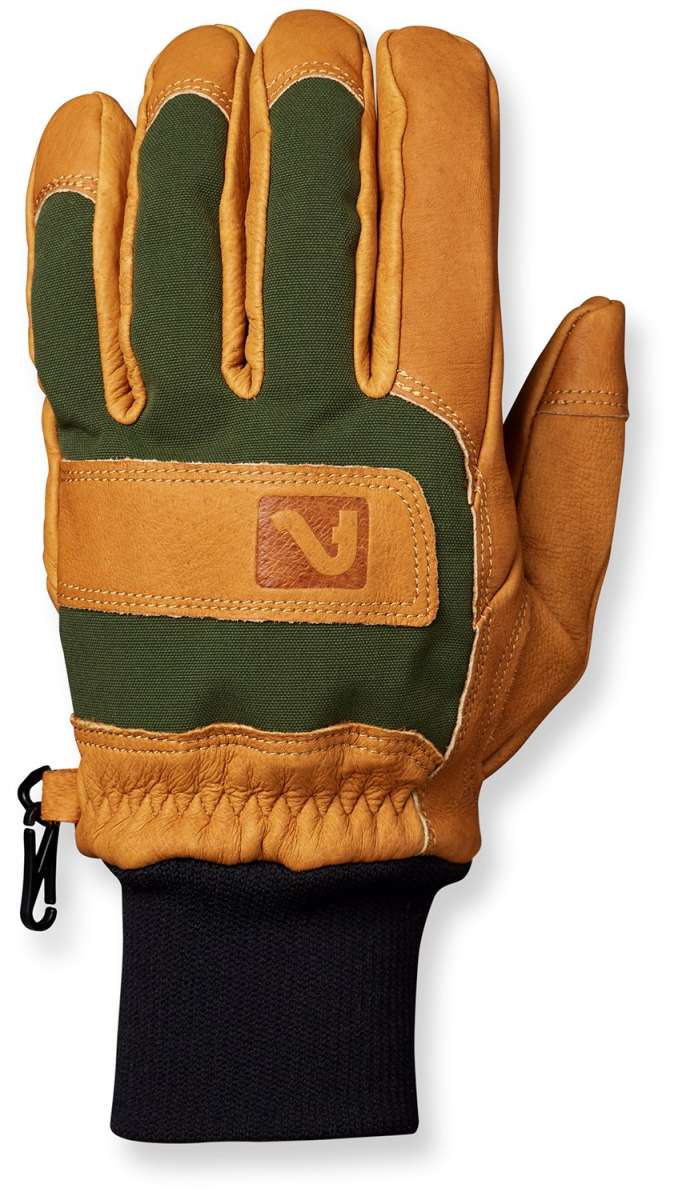 Flylow Magarac Glove 2024 - A tan glove with a green palm and thumb, featuring a brown leather patch on the wrist.