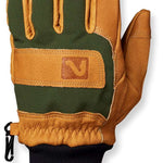 Flylow Magarac Glove 2024 - A tan glove with a green palm and thumb, featuring a brown leather patch on the wrist.