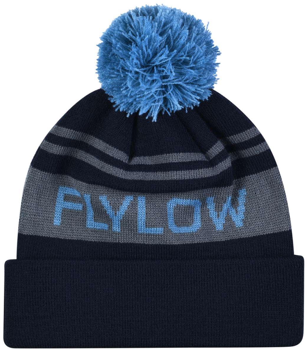 Flylow OG POM Beanie 2023 - A black beanie with a blue pom-pom on top and gray stripes around the cuff.