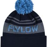 Flylow OG POM Beanie 2023 - A black beanie with a blue pom-pom on top and gray stripes around the cuff.