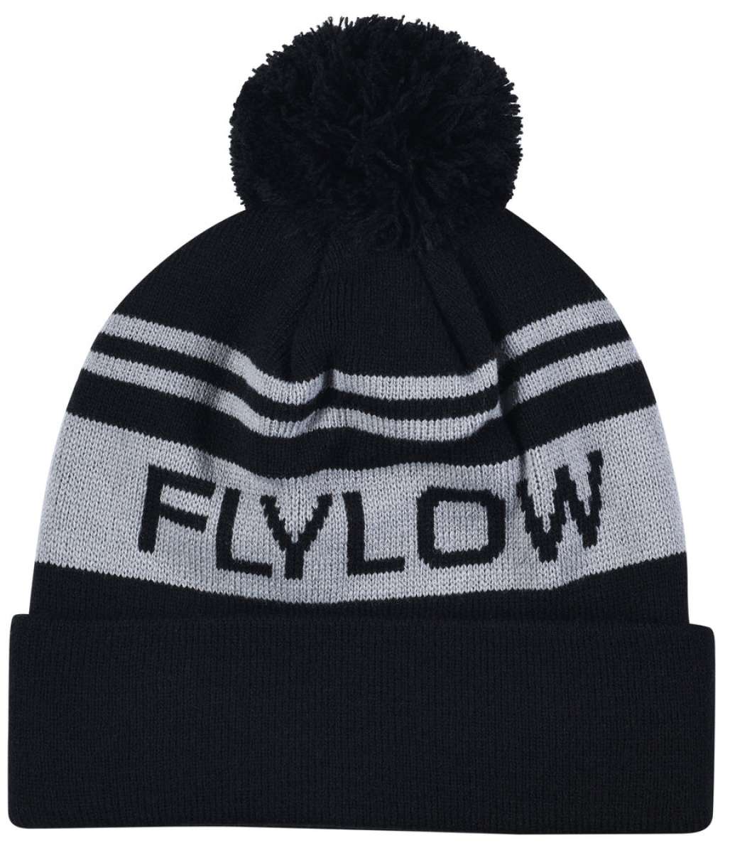 Flylow OG POM Beanie 2023 - A black beanie with a large pom-pom on top and two horizontal light gray stripes near the cuff.