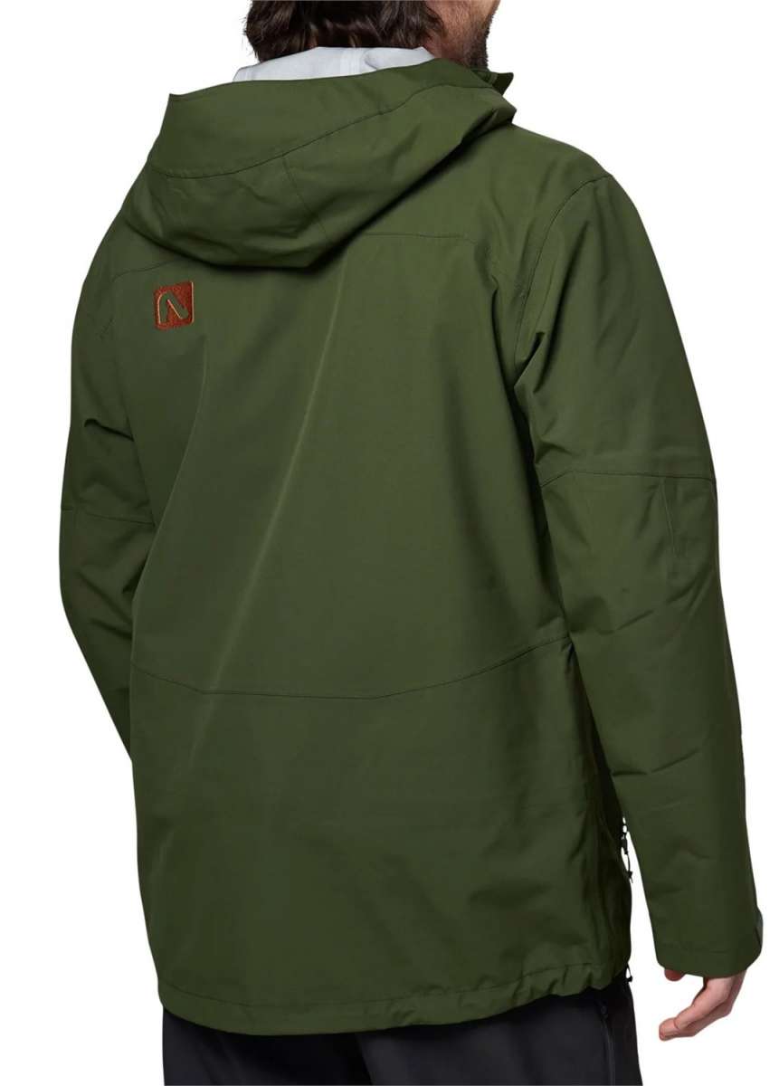 Flylow Quantum Pro Shell Jacket 2024 - A dark green jacket with a hood, featuring a small orange logo on the upper left side of the back.