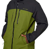 Flylow Quantum Pro Shell Jacket 2024 - A black jacket with a green panel on the chest and a zippered pocket on the side.