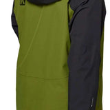 Flylow Quantum Pro Shell Jacket 2024 - A black jacket with a green panel on the left side and a hood, featuring a logo patch on the upper back.