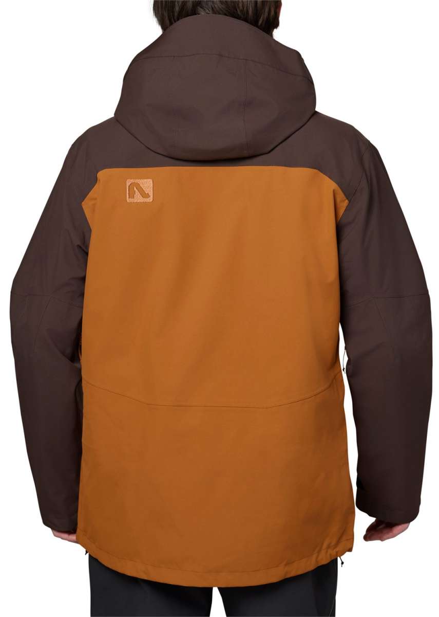 Flylow Quantum Pro Shell Jacket 2024 - A brown jacket with a hood, featuring a prominent logo on the upper back in light orange.