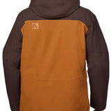 Flylow Quantum Pro Shell Jacket 2024 - A brown jacket with a hood, featuring a prominent logo on the upper back in light orange.