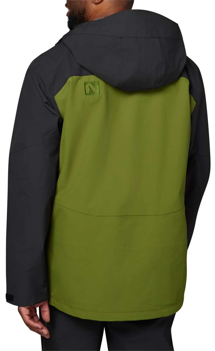 Flylow Quantum Pro Shell Jacket 2024 - A black jacket with a green panel on the back and a hood, featuring a logo patch on the upper left shoulder area.