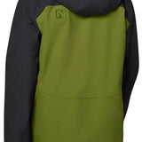 Flylow Quantum Pro Shell Jacket 2024 - A black jacket with a green panel on the back and a hood, featuring a logo patch on the upper left shoulder area.