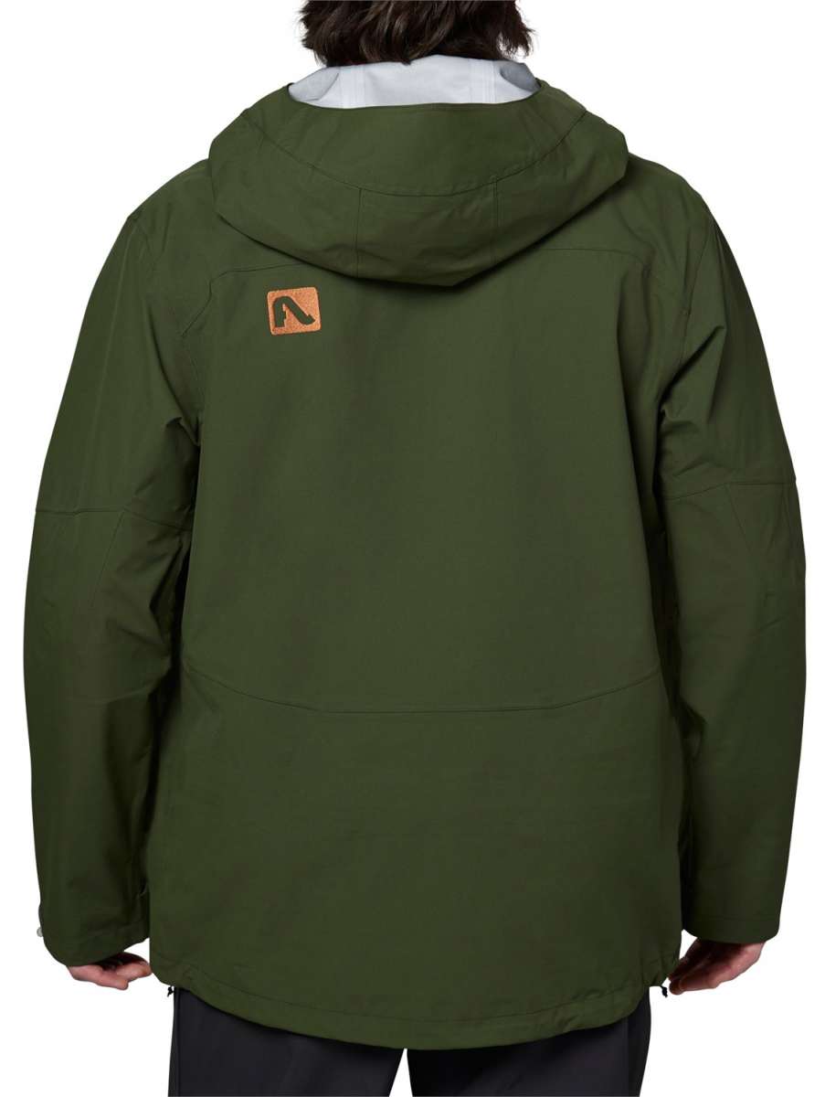 Flylow Quantum Pro Shell Jacket 2024 - A dark green jacket with a hood, featuring a logo on the upper back in orange and black.