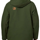 Flylow Quantum Pro Shell Jacket 2024 - A dark green jacket with a hood, featuring a logo on the upper back in orange and black.