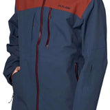 Flylow Quantum Pro Shell Jacket 2024 - A navy blue jacket with a red stripe across the chest and shoulders, featuring black zippers and a hood.