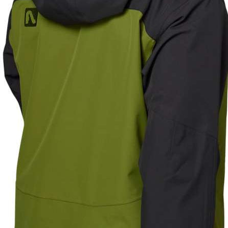 Flylow Quantum Pro Shell Jacket 2024 - A black jacket with a green panel on the back and a hood.