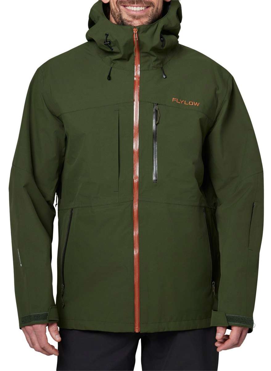 Flylow Quantum Pro Shell Jacket 2024 - A dark green jacket with a hood, featuring black drawstrings and a zippered chest pocket.