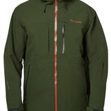 Flylow Quantum Pro Shell Jacket 2024 - A dark green jacket with a hood, featuring black drawstrings and a zippered chest pocket.