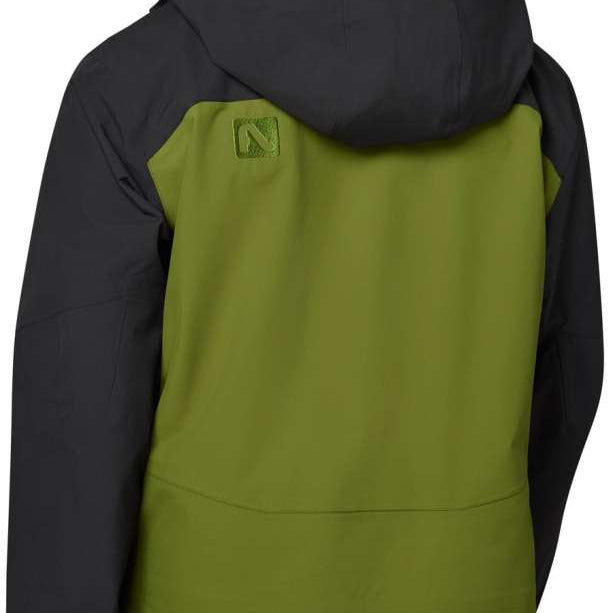 Flylow Quantum Pro Shell Jacket 2024 - A black jacket with a green panel on the back and a hood, featuring a logo patch in the upper left corner of the back.