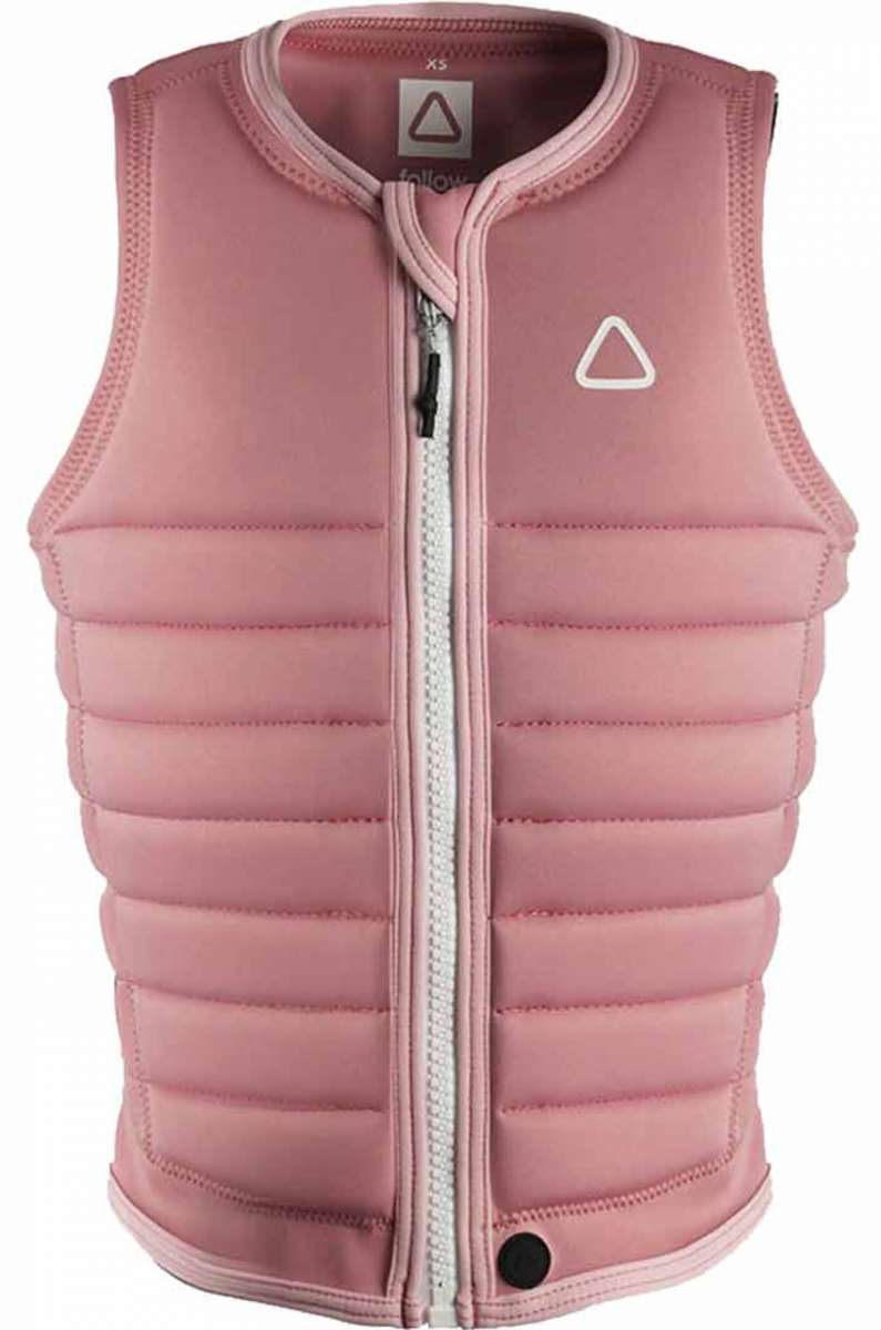 Follow Women's Primary Impact Vest 2023 - A pink vest with a white zipper and a triangular logo on the upper right side.