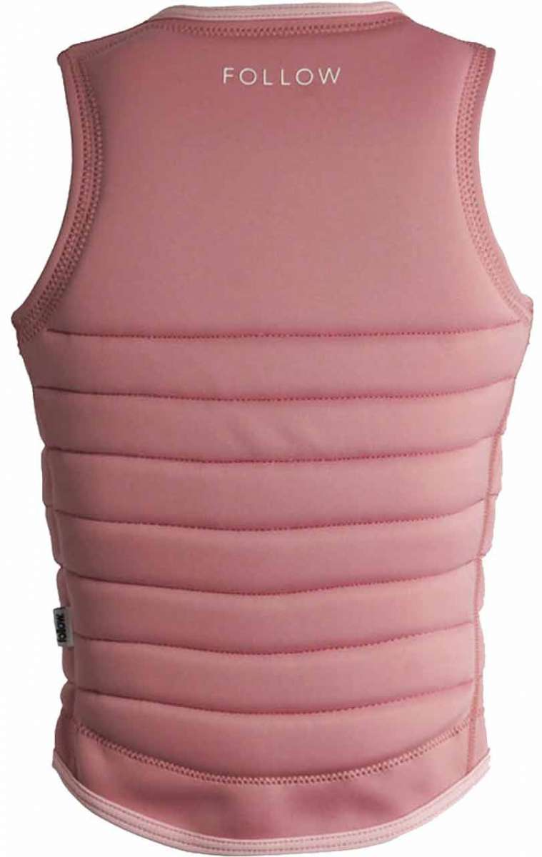 Follow Women's Primary Impact Vest 2023 - A pink vest with a white logo on the upper back and a small tag on the lower left side.