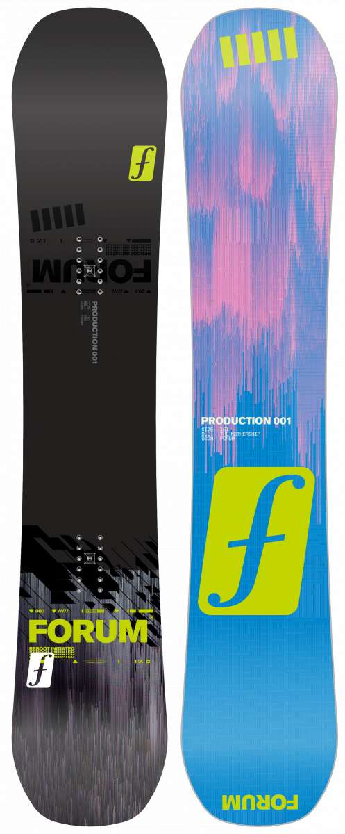 Forum Production 001 Park Snowboard 2024 - A black snowboard with a pink and blue abstract design on top.