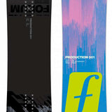 Forum Production 001 Park Snowboard 2024 - A black snowboard with a pink and blue abstract design on top.