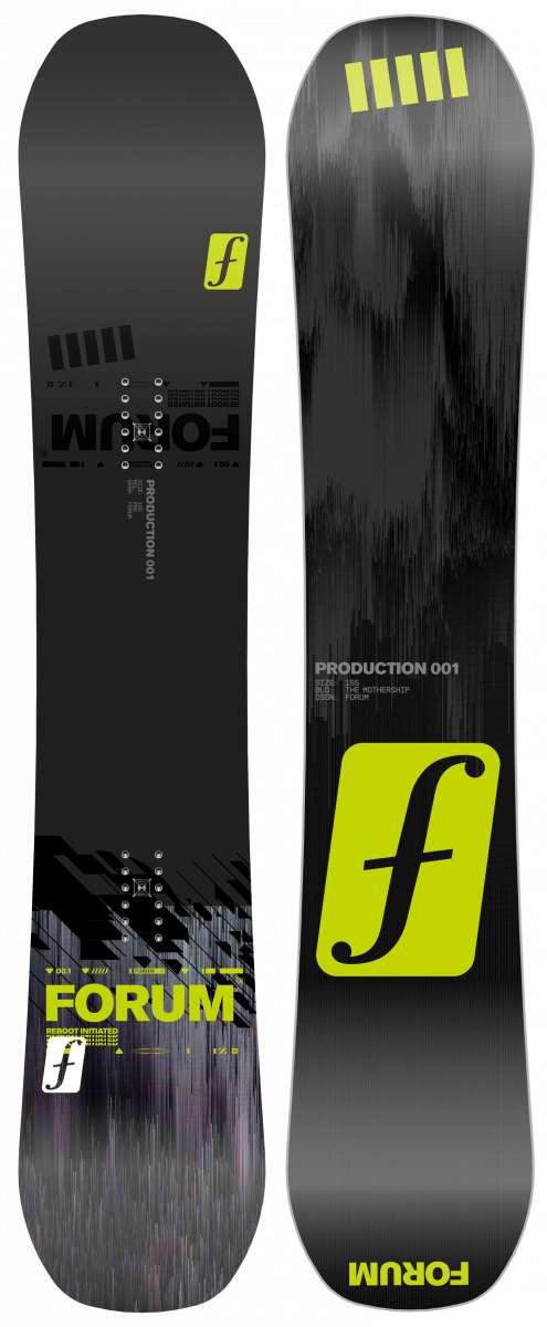 Forum Production 001 Park Snowboard 2024 - A black snowboard with a yellow logo and three yellow stripes on top.