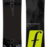 Forum Production 001 Park Snowboard 2024 - A black snowboard with a yellow logo and three yellow stripes on top.