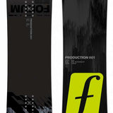Forum Production 001 Park Snowboard 2024 - A black snowboard with a yellow logo and three yellow stripes on top.