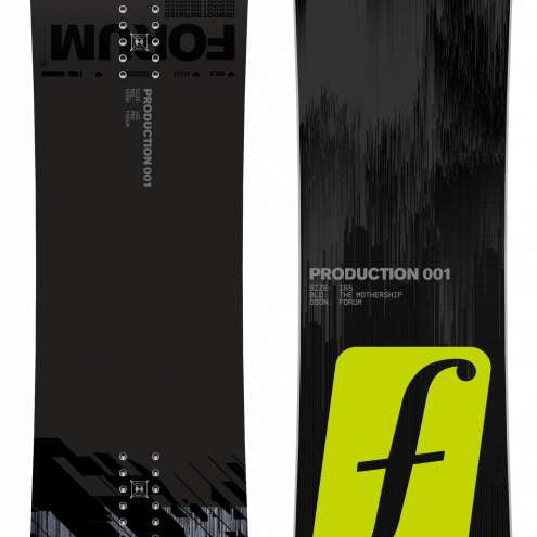 Forum Production 001 Park Snowboard 2024 - A black snowboard with a yellow logo and three yellow stripes on top.