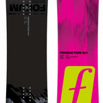 Forum Production 001 Park Snowboard 2024 - A black snowboard with a yellow logo and three yellow stripes on top.