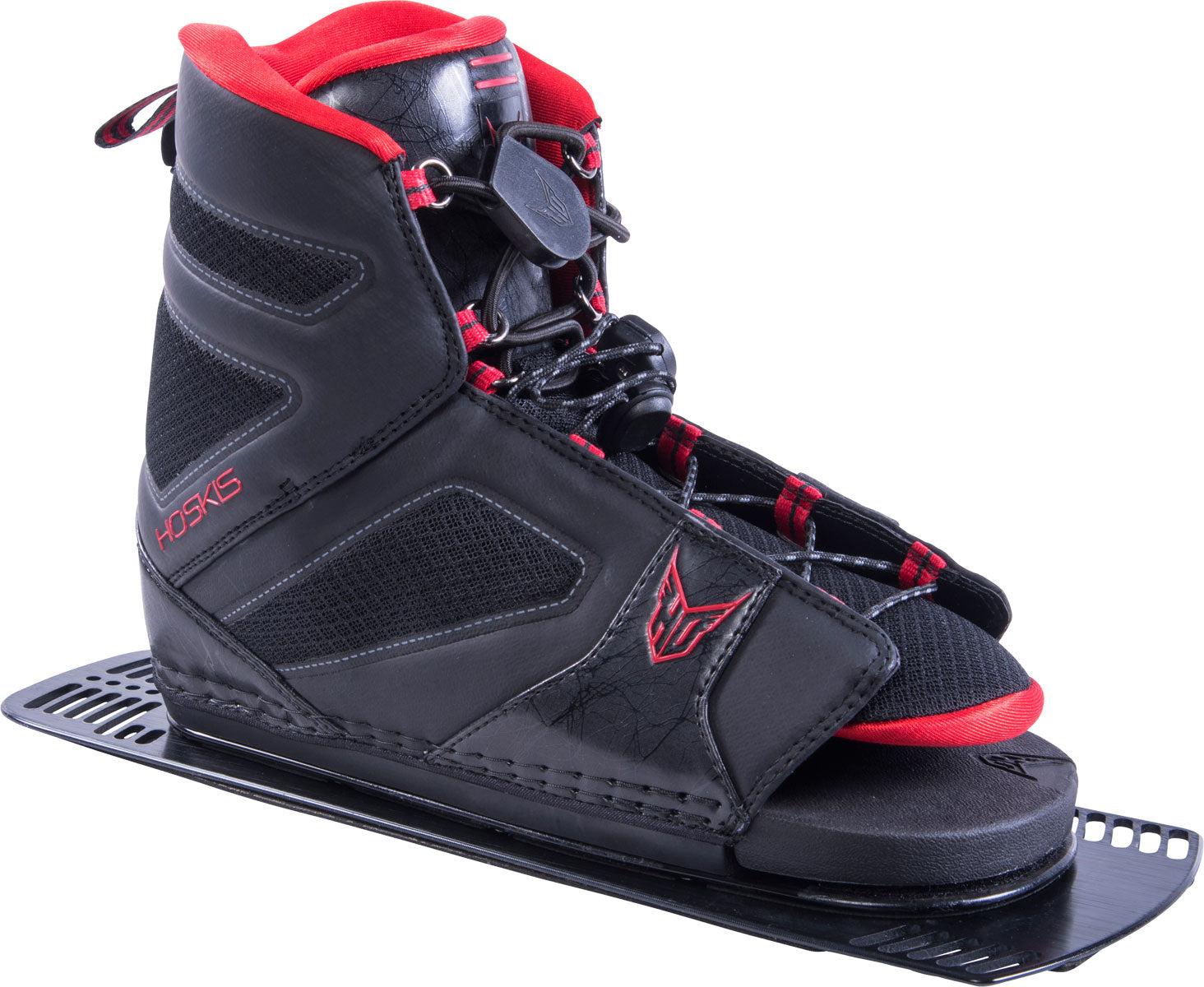 HO Sports Men's Freemax Rear Plate Water Ski Boot 2018 - A black water ski boot with red accents and a distinctive rear plate on the heel.