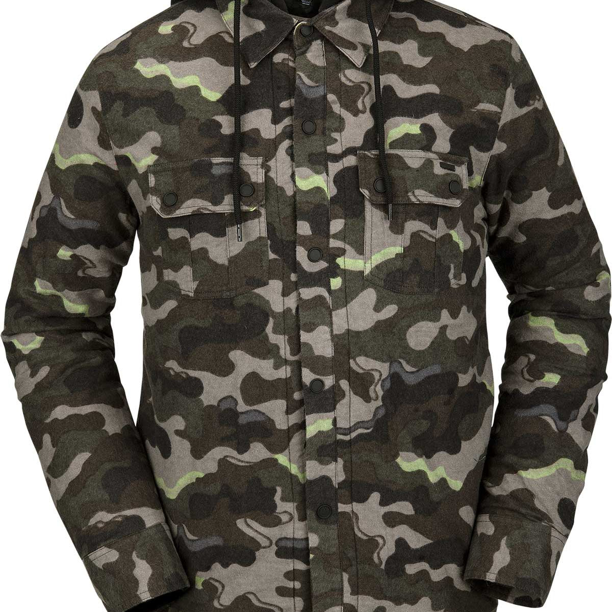 Volcom Women's Aris Insulated Gore Jacket 2021 - A black jacket with a camouflage pattern and a hood, featuring two chest pockets with snap closures.