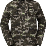 Volcom Women's Aris Insulated Gore Jacket 2021 - A black jacket with a camouflage pattern and a hood, featuring two chest pockets with snap closures.