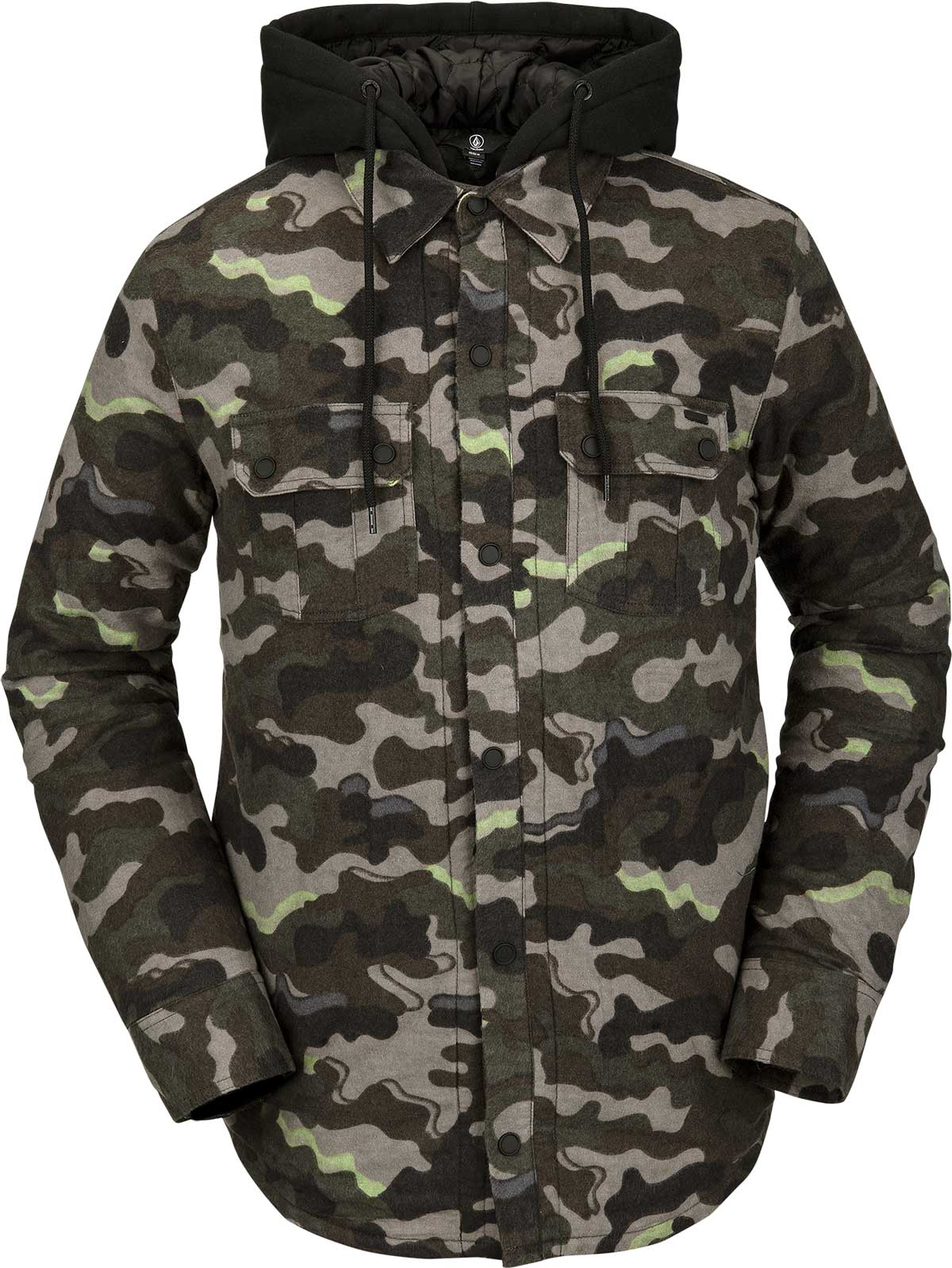 Volcom Women's Aris Insulated Gore Jacket 2021 - A black jacket with a camouflage pattern and a hood, featuring two chest pockets with snap closures.